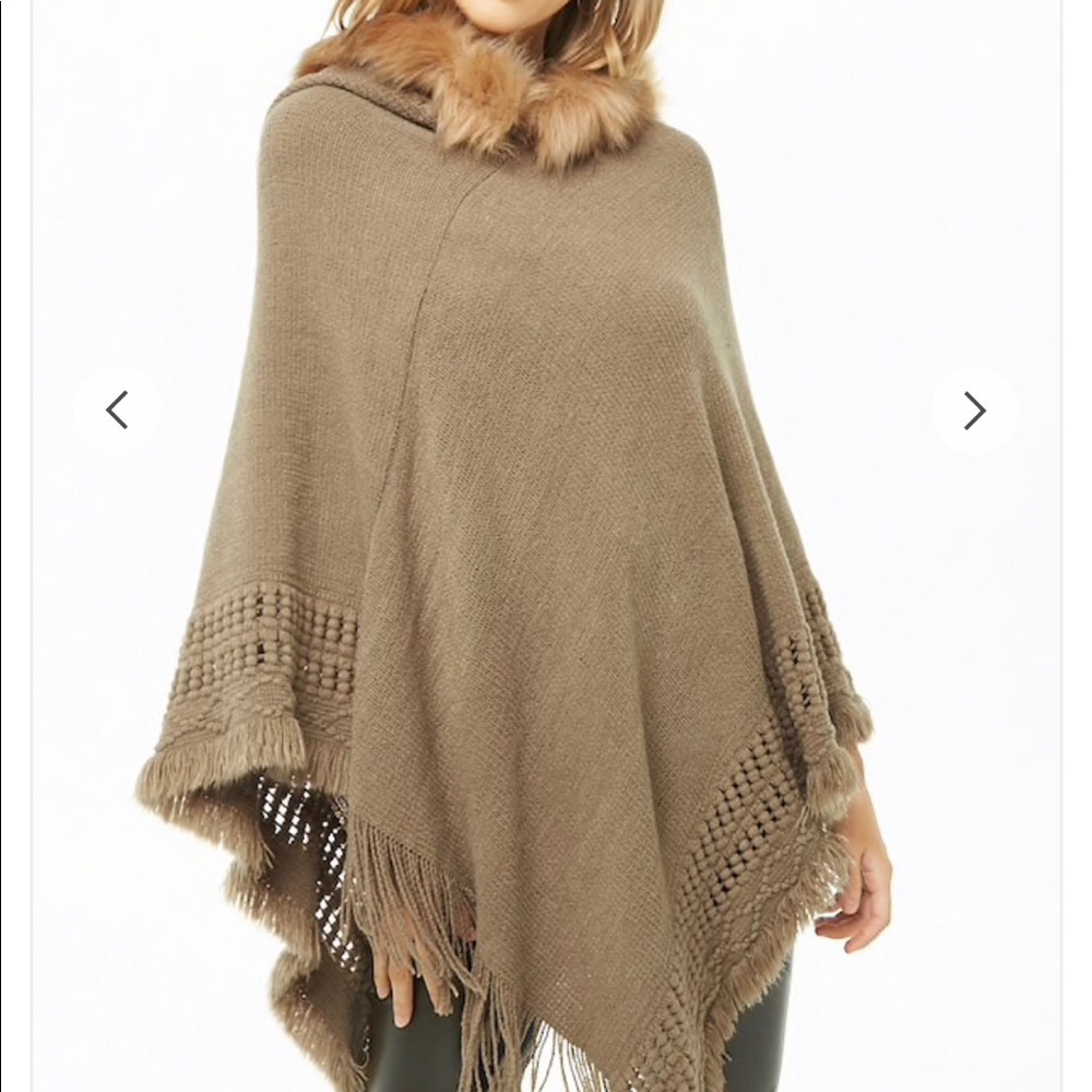 Hooded faux fur-trim poncho